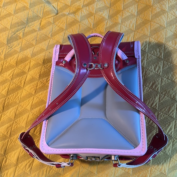 Red Japanese School Bag with pink trim and reflective stripes. - Picture 6 of 13